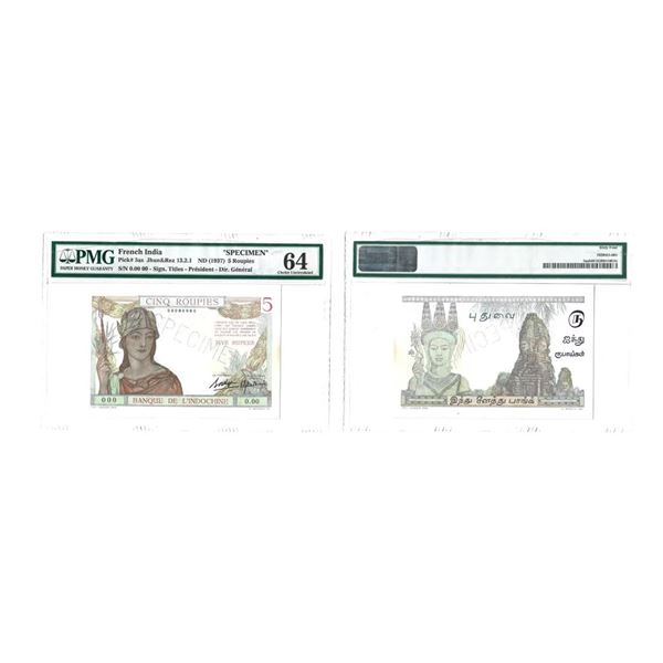 French India, 5 Roupies, SPECIMEN, Signed by Titles- President- Director General,