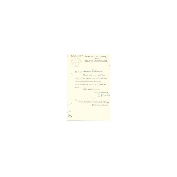 Indore, Malwa Political Agency Indore, letter to Dewan Bahadur of Kotah, Dated 3rd November 1943.