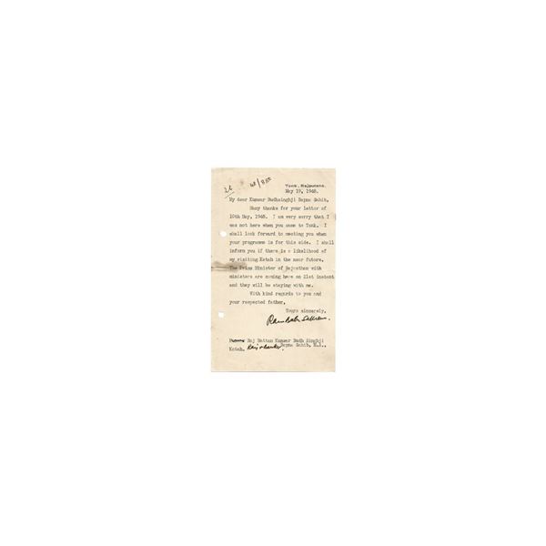 Tonk State, Rajputana, Letter to Kotah dated 19th May 1948.