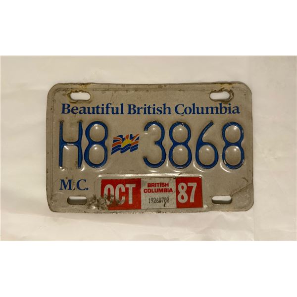 1987 British Columbia motorcycle license plate with the number H8-3868