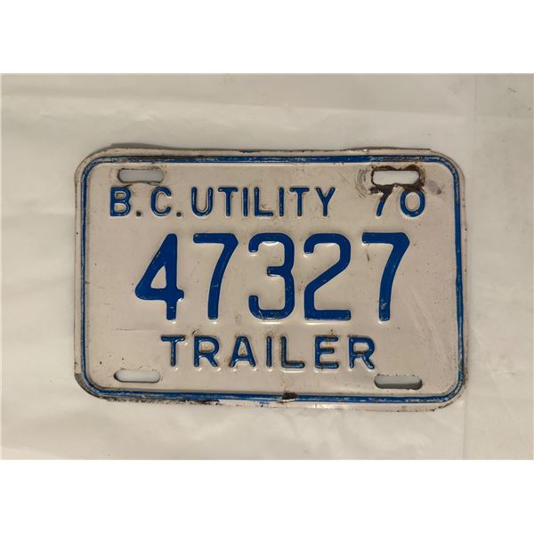 vintage British Columbia (B.C.) utility trailer license plate from 1970, number 47327