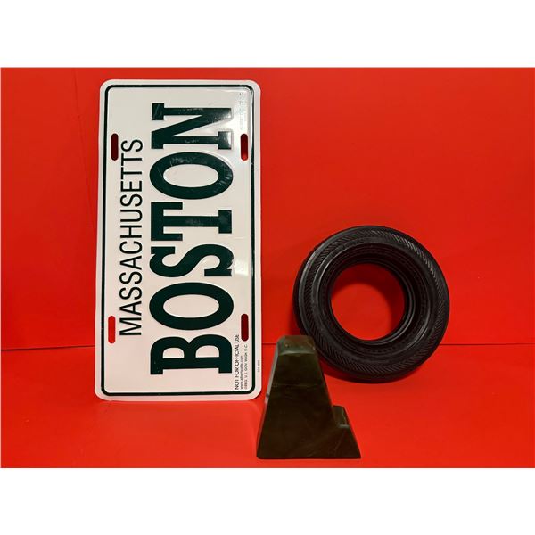 Souvenirs embossed aluminum Boston license plate, piece of jade and spare ash tray tire