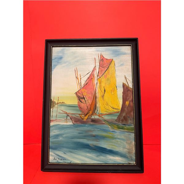 vintage oil painting on canvas featuring sailboats, possibly by an artist named "Jay Thomdsal"