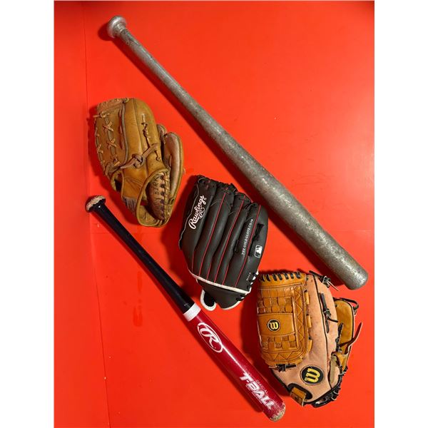 baseball gloves and baseball bats