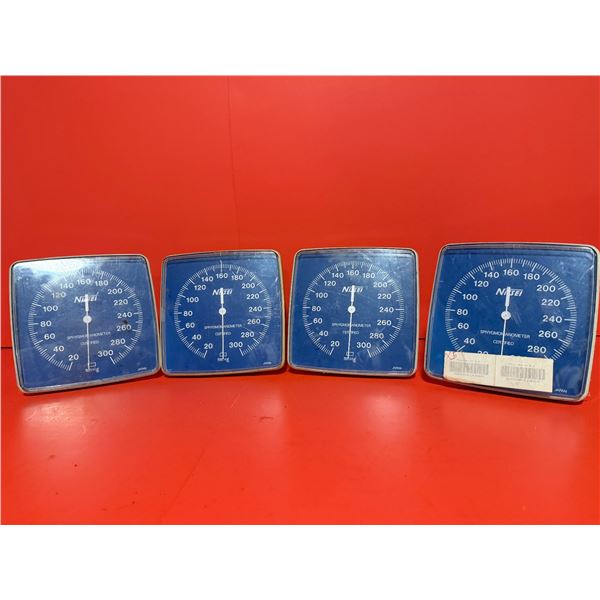 collection of four Mabis Legacy wall clock aneroid sphygmomanometers