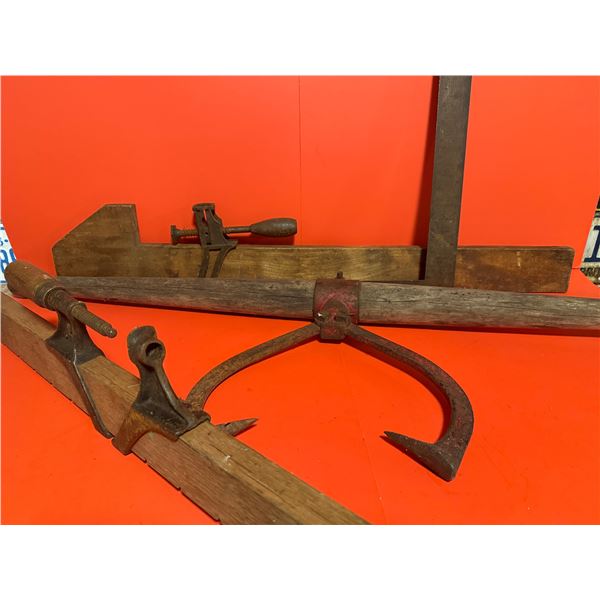 Vintage log roller hand saw and L square