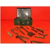 Image 1 : vintage green metal toolbox collection of rusty, vintage railroad spikes and a small, metal, fork