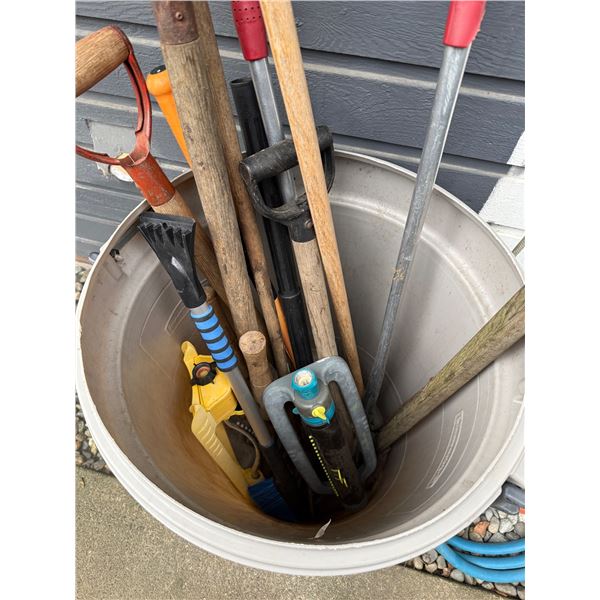 Can full of vintage landscaping tools and 2 lawn sprinklers