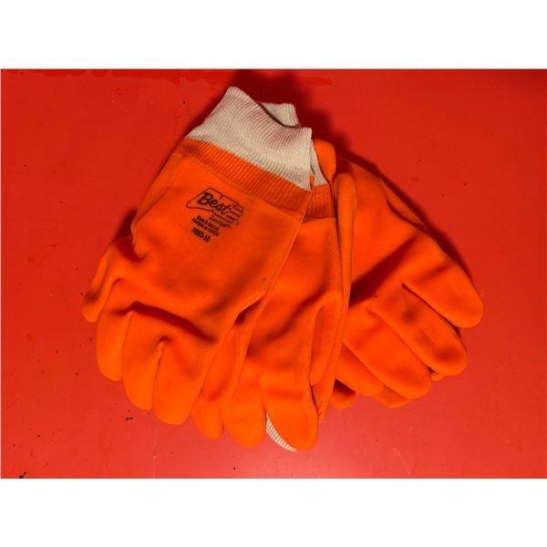 3 new pairs of Showa F853-10 Big Orange Gloves, which are PVC-coated work gloves