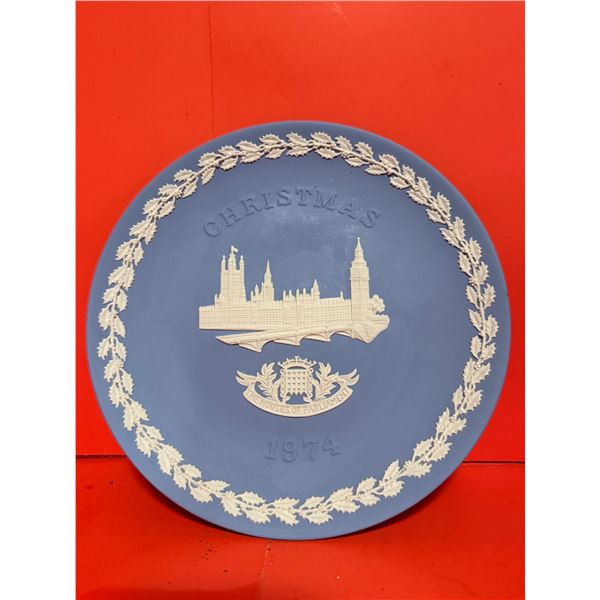 1974 Wedgwood Blue Jasperware Christmas Plate featuring the Houses of Parliament