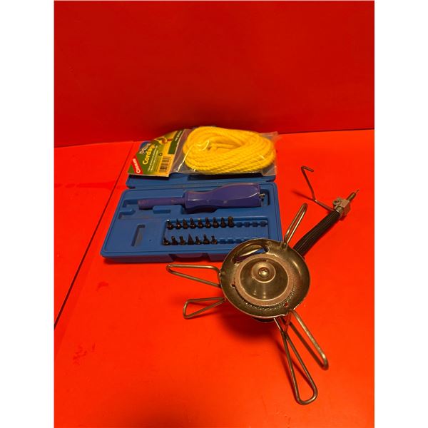 portable camping stove kit, including a mini stove, a set of tools in a blue case, and yellow cordag