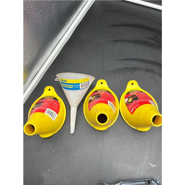 Lot of 4 Funnels Including FloTool 10703 Radiator Funnel and Dynaline Funnel