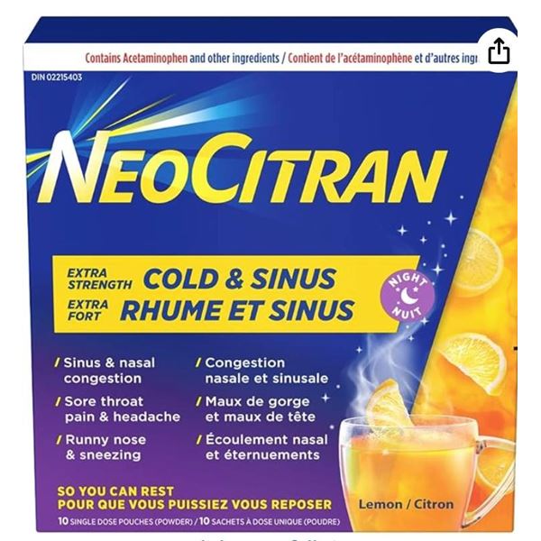 NeoCitran Extra Strength Cold and Sinus Lemon Flavor, 10 Single Pouches