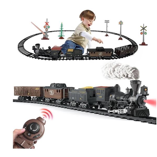 Oliugei Electric Train Set Toys with Remote Control, Smoke,Light & Sounds,Cargo Cars & Tracks