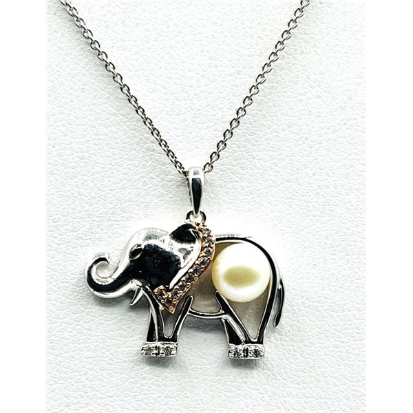 Sterling Silver White Sapphire (0.14ct) and Pearl Elephant Pendant with Sterling Silver C chain, W/A