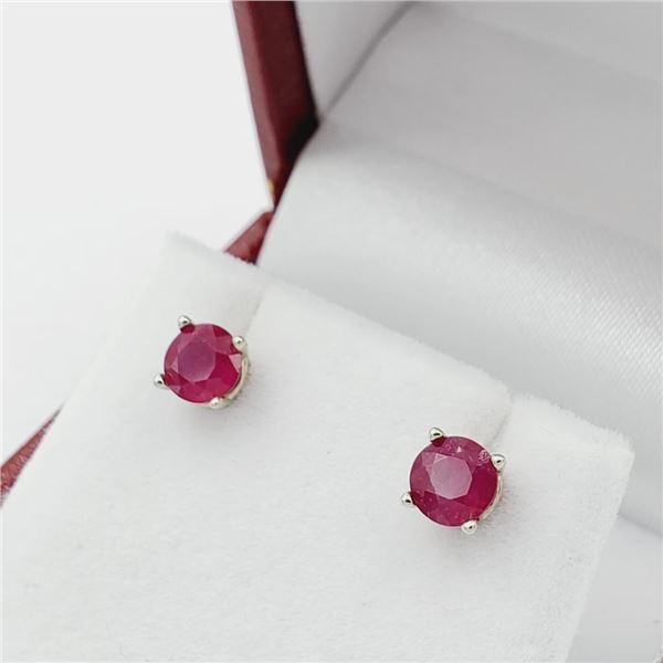 14KT White Gold Natural Enhanced Ruby Round Shape Earrings, Retail $450.00.