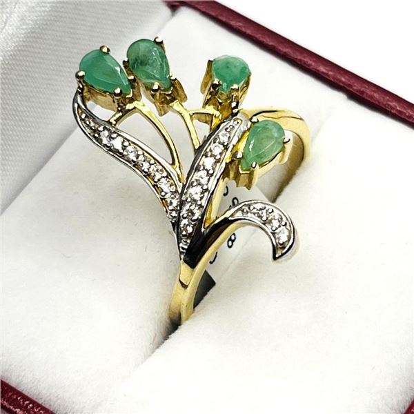 Gold Plated Sterling Silver Natural Emerald (0.65ct) with Natural White Topaz (0.14ct) Ring, Size 8,