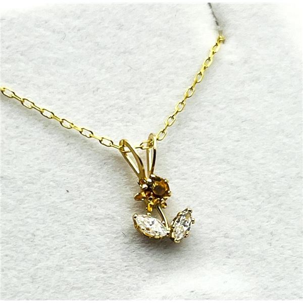 10KT Yellow Gold Natural Citrine and CZ Flower Pendant with Gold Plated Sterling Silver Chain, Retai