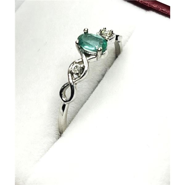 10KT White Gold Natural Emerald (0.30ct) with Natural Diamond (0.03ct) Ring, Size 6.25, W/A $1170.00