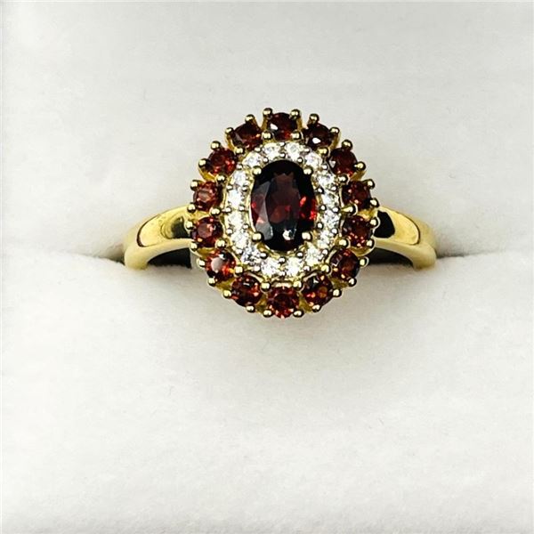 Gold Plated Sterling Silver Natural Garnet (1.13ct) with CZ (0.15ct) Ring, Size 8, W/A $275.00.