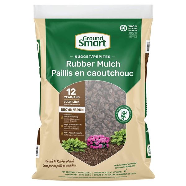GroundSmart Rubber Mulch, Brown, 12-Year Color-Lock, Nugget Style