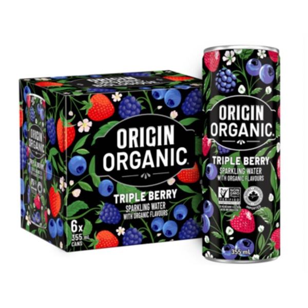 Origin Organic Triple Berry Sparkling Water 4 x 6-pack cans (355 mL Each)