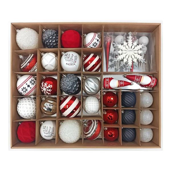 78-Piece Set of Red, Gray and White Assorted Holiday Ornaments