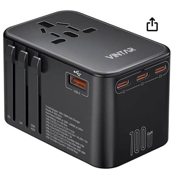 Vintar Universal Travel Adapter, VINTAR 100W GaN Power Adapter with 3 USB C PD & 1 USB A QC, All in 