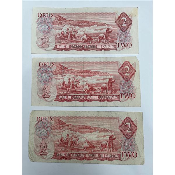 Three Bank of Canada $2 Bills Featuring Queen Portrait