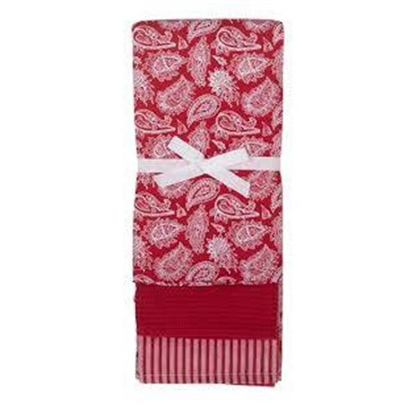 Two Delicious Kitchen Towels, Three Per Set, Red Paisley and Stripes