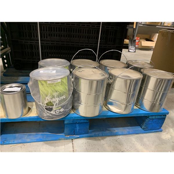 9 Paint Cans of Various Sizes and Types (ALL FULL UNKNOWN COLORS)