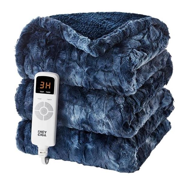 EHEYCIGA Faux Fur Heated Blanket Navy Blue Full Size