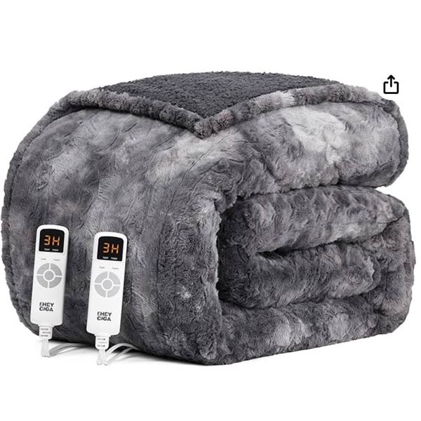 EHEY CIGA Electric Blanket Faux Fur Heated Blanket, Grey, King Size