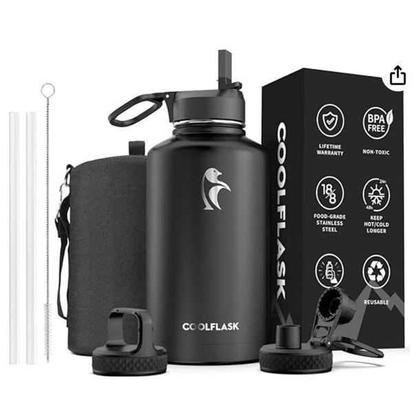 Cool Flask Insulated Water Bottle, 64 oz, Magic Black Cold 48H Hot 24H, Magic Black