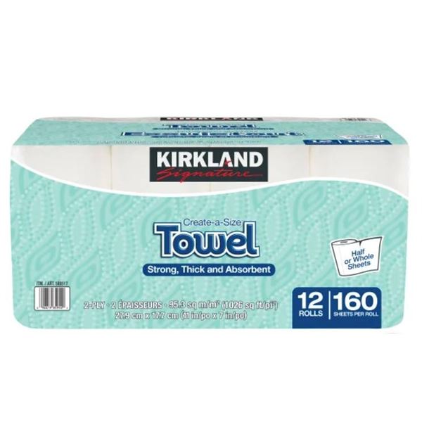 Kirkland Signature Create-A-Size Towel, 12 Rolls, 160 Sheets Per Roll