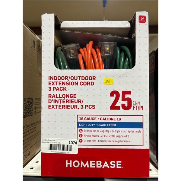 Homebase Indoor/Outdoor Extension Cord 3-Pack, 16 Gauge, 25 ft