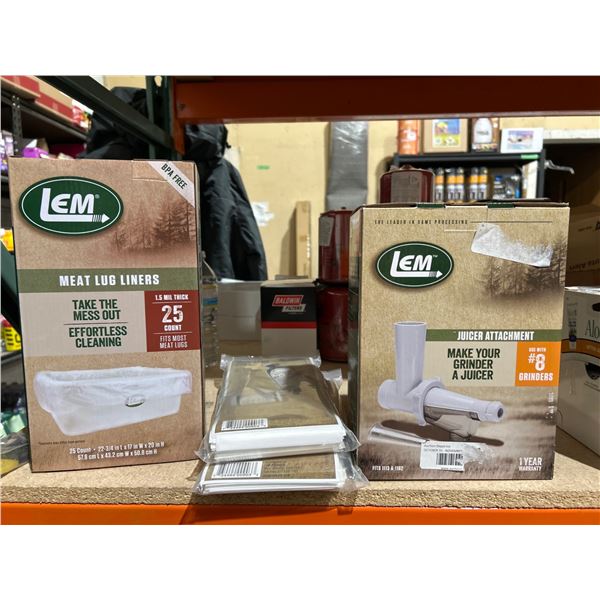 LEM Wild Game Bags, Juicer Attachment & Meat Lug Liners Bundle