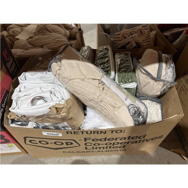 Box Lot of Assorted Curtains in Various Colors and Styles