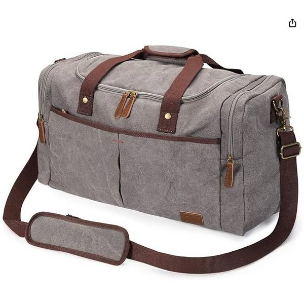 S-Zone Grey Duffle Bag with Shoulder Strap and Leather Accents
