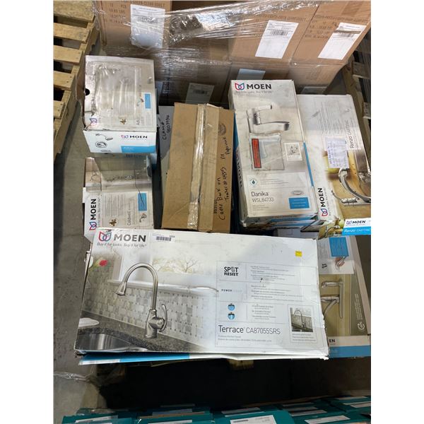 Pallet Lot of Miscellaneous Moen Partial Fixtures Including Faucets and Shower Heads
