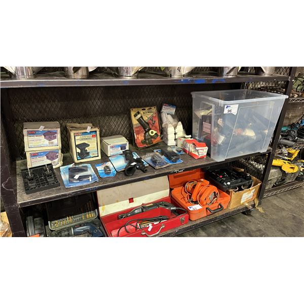SHELF OF ASSORTED MARINE ACCESSORIES INCLUDING ROD HOLDERS, DOWNRIGGING MOUNTS, SWIVEL MOUNTS, OAR