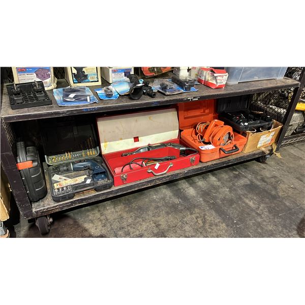 SHELF OF ASSORTED ELECTRIC/CORDLESS POWER TOOLS INCLUDING DRILLS, SAWZALL, CIRCULAR SAW & MORE