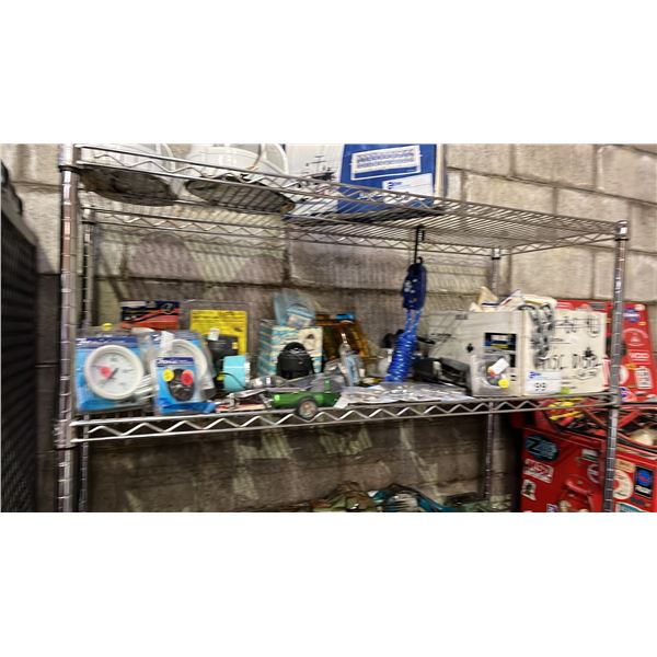 SHELF OF ASSORTED MARINE ITEMS INCLUDING SPEEDOMETERS, CHARGING RELAY, SKIPPER COMPASS'S NAVIGATION