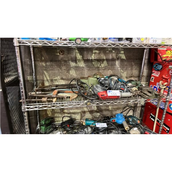 SHELF OF ASSORTED C-CLAMPS, BENCH VICE, DRILL PRESS VICE'S, BOSCH/MAKITA ORBITAL SANDERS,