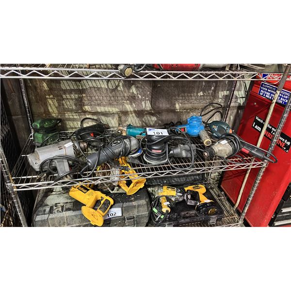 SHELF OF ASSORTED SANDERS, DRILLS & GRINDERS