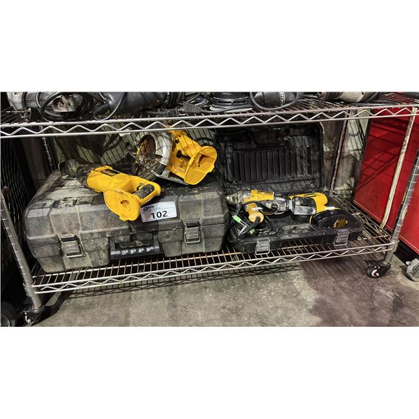 SHELF OF DEWALT CORDLESS/ELECTRIC DRILLS, SAWS & 2 HARD TRANSPORT CASES
