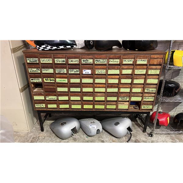 WOODEN 60 DRAWER PARTS CABINET WITH ASSORTED CONTENTS APPROX 66" W X 19" D X 48.5" H