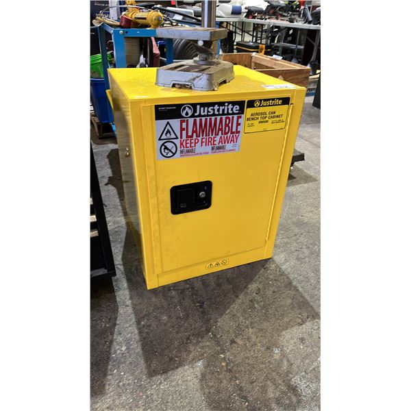 JUSTRITE YELLOW METAL BENCH TOP FLAMMABLE CABINET WITH ASSORTED AEROSOL CONTENTS