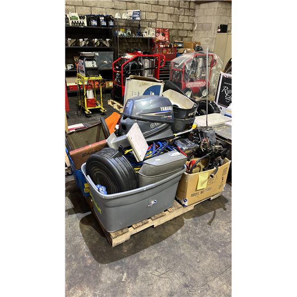 PALLET OF ASSORTED MOTOR COVERS, PARTS, TOOLS, SEATS, OIL DRAIN PANS & MORE