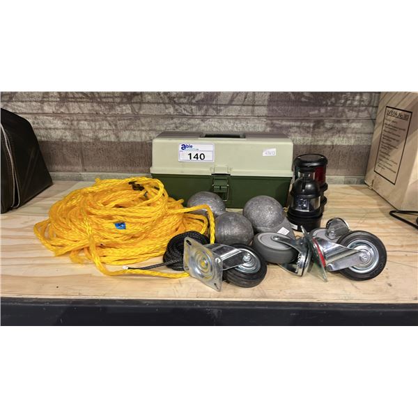 TACKLE BOX, FISHING WEIGHTS, ROPE, CASTORS & NAVIGATION LIGHTS